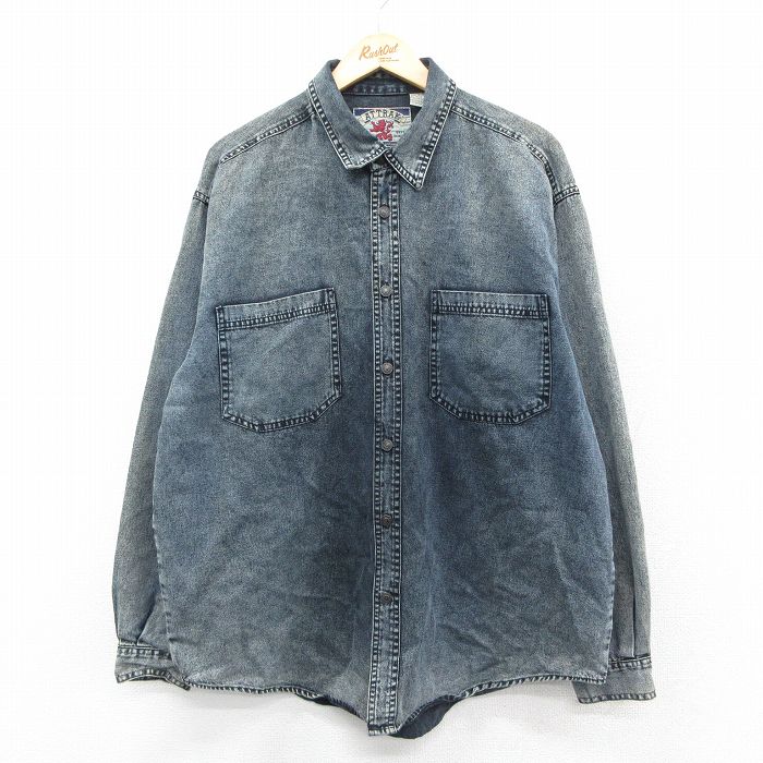 XL★古着 長袖 シャツ メンズ 90年代 90s 大きいサイズ コットン 紺 デニム 25nov19