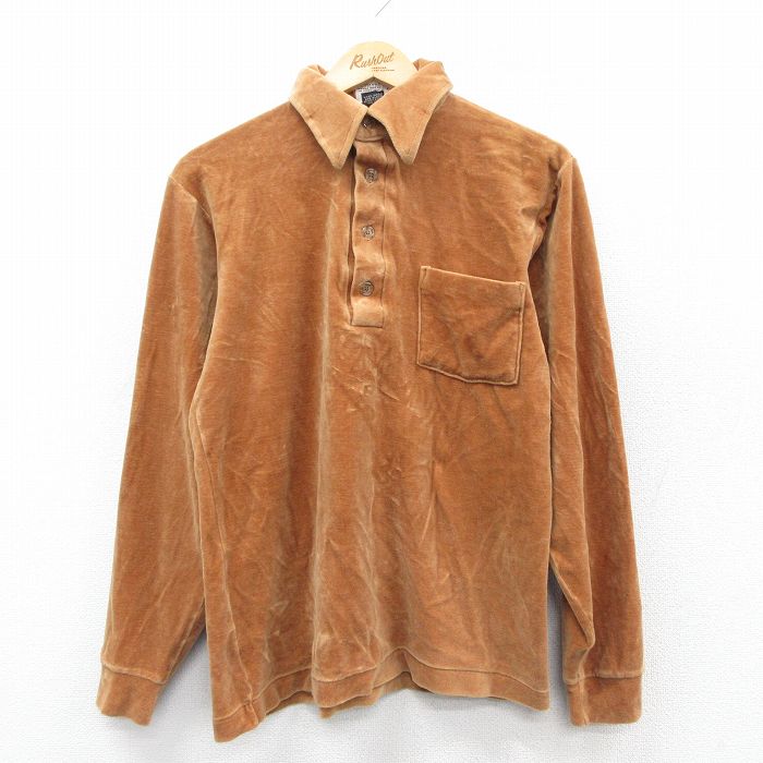 M★古着 長袖 ポロ シャツ メンズ 80年代 80s ベロア コットン 茶系 25nov19
