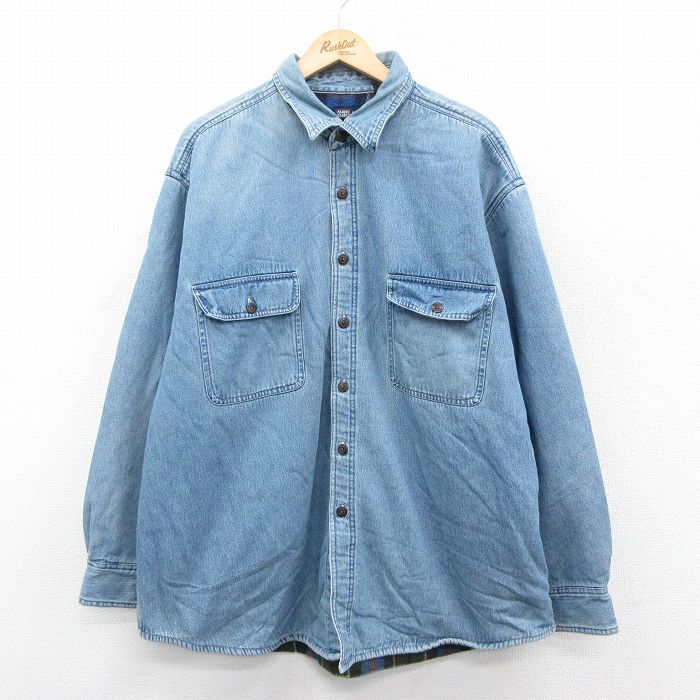 XL★古着 FADED GLORY 長袖 シャツ メンズ 大きいサイズ ロング丈 コットン 紺 デニム 内側フリース 25nov22