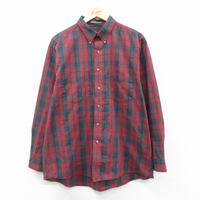 XL★古着 バンヒューセン 長袖 シャツ メンズ 90年代 90s エンジ他 チェック 25nov22