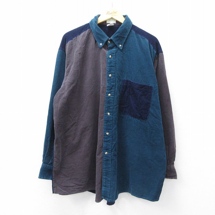 XL★古着 長袖 シャツ メンズ コーデュロイ マルチカラー クレイジーパターン 大きいサイズ ロング丈 コットン ボタンダウン 濃グレー他【spe】 25nov26