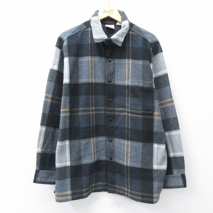 XL★古着 長袖 フリース シャツ メンズ 黒他 チェック 25nov27