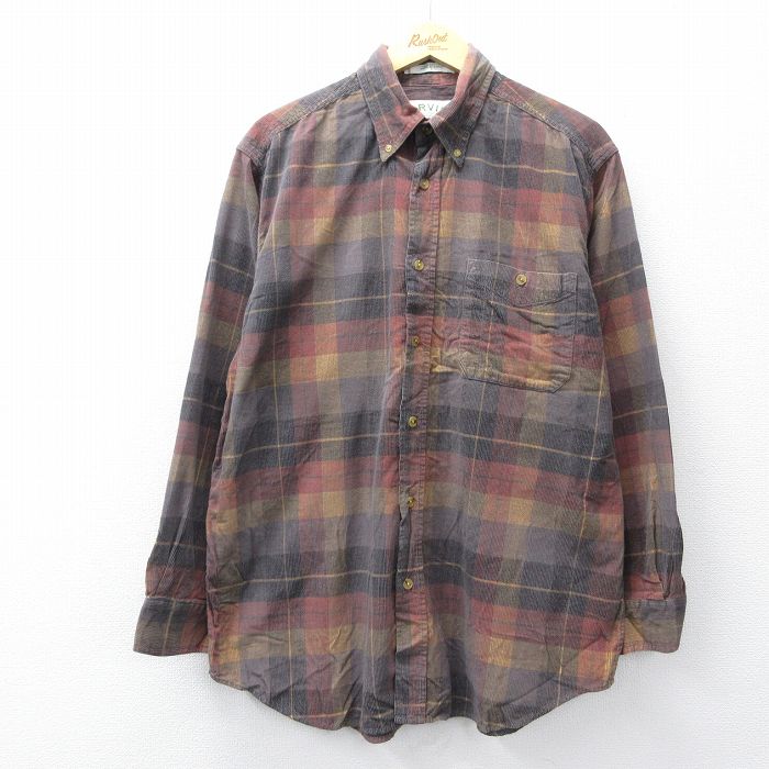 XL★古着 オービス 長袖 シャツ メンズ 00年代 00s コーデュロイ ロング丈 コットン ボタンダウン 茶系他 チェック 25nov27