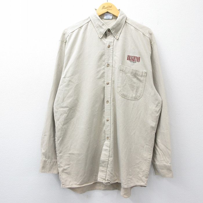XL★古着 長袖 シャツ メンズ 90年代 90s ブライトン ロング丈 コットン ボタンダウン USA製 ベージュ 25nov27