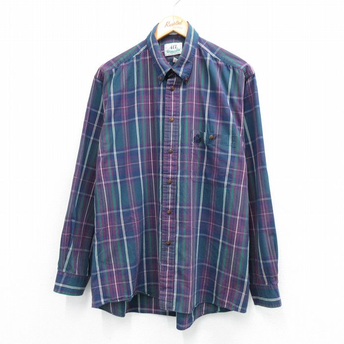 バンヒューセン 90s 長袖シャツ ワンポイントロゴ グリーンチェック XL | 古着