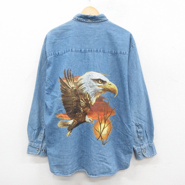 90s 長袖シャツ 鳥 ネイビー XL | 古着