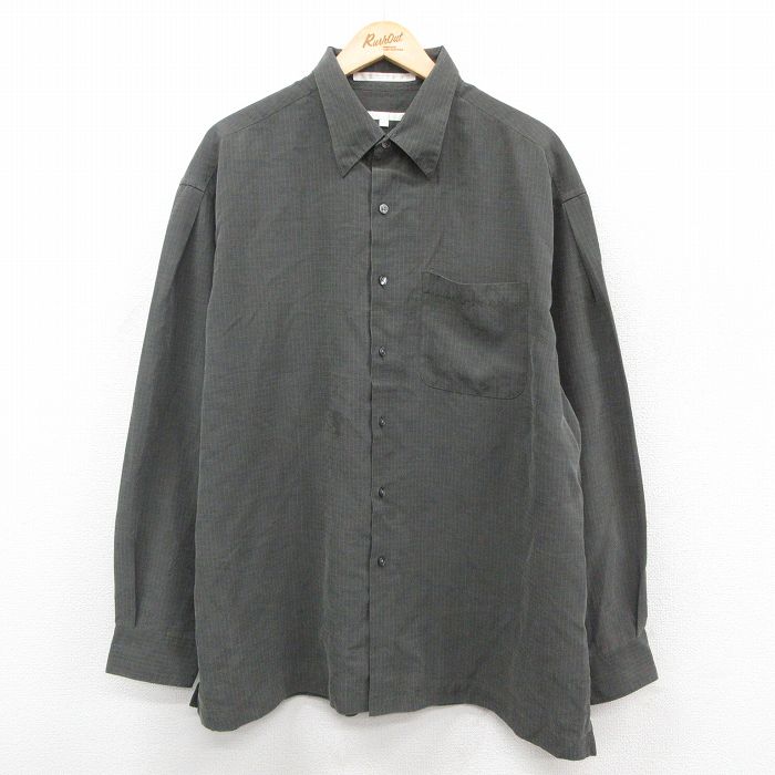 XL★古着 ペリーエリス 長袖 シャツ メンズ 90年代 90s 大きいサイズ レーヨン 濃緑系 チェック 25dec10