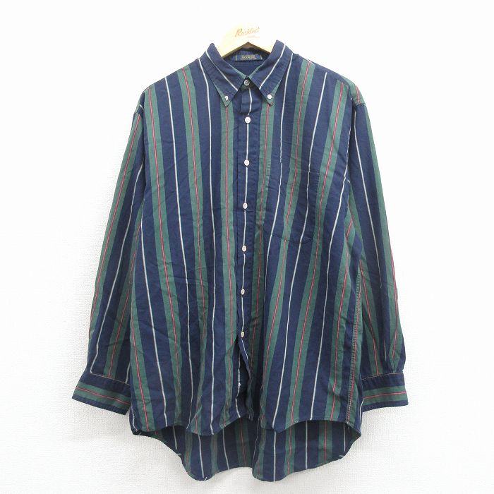 XL★古着 長袖 シャツ メンズ 00年代 00s コットン ボタンダウン 紺他 ストライプ 25dec11