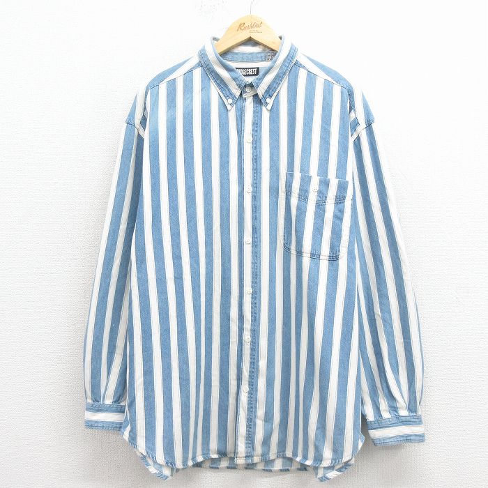 XL★古着 長袖 シャツ メンズ 00年代 00s コットン ボタンダウン 白他 ストライプ 25dec11
