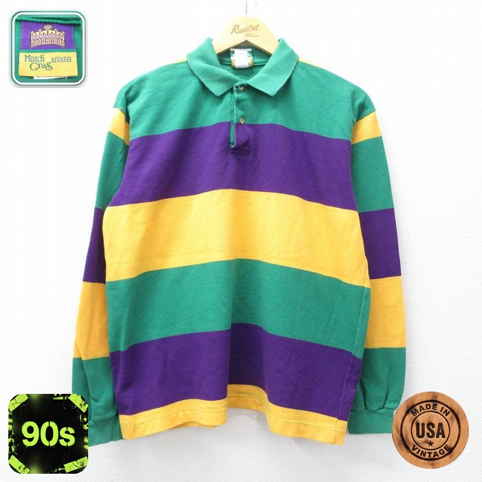 【50%OFF】マルディグラ 90s 長袖ポロシャツ ボーダー グリーン L | 古着