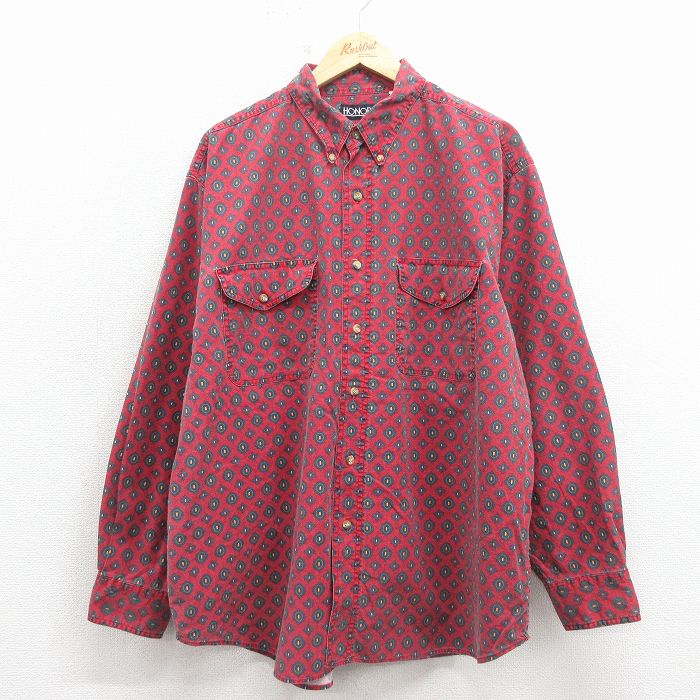 XL★古着 長袖 シャツ メンズ 00年代 00s 花 大きいサイズ コットン ボタンダウン エンジ他 26jan17