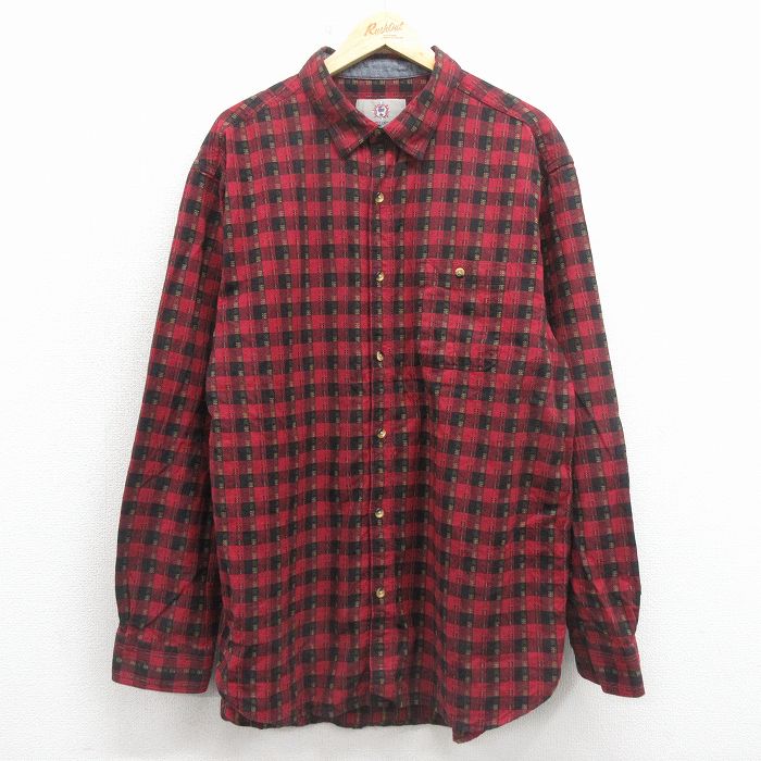XL★古着 THE TERRITORY AHEAD 長袖 シャツ メンズ 00年代 00s ロング丈 コットン ボタンダウン 赤 チェック 26jan17
