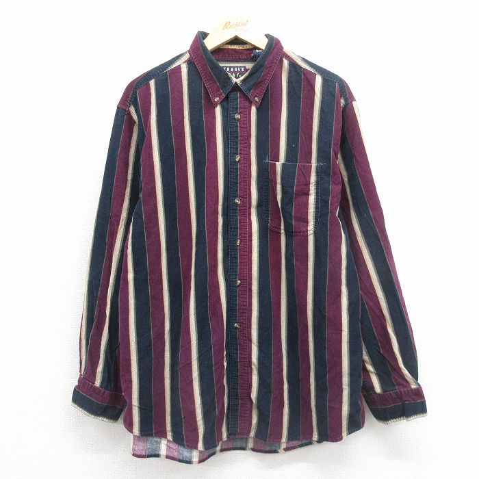 XL★古着 長袖 シャツ メンズ 00年代 00s コーデュロイ コットン ボタンダウン 濃紺他 ストライプ 26jan17