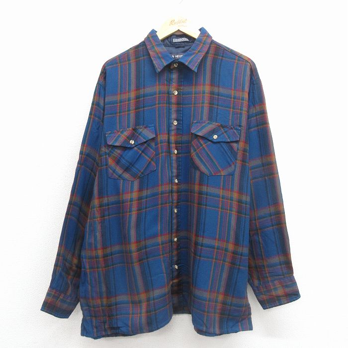 XL★古着 バンヒューセン 長袖 シャツ メンズ 90年代 90s 大きいサイズ 紺他 チェック 26jan17