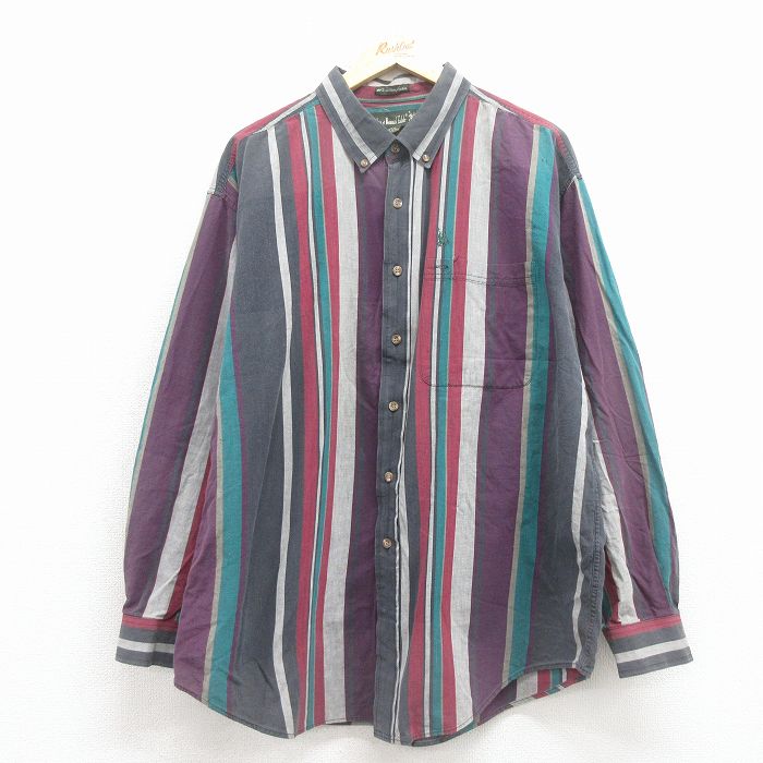 90s 長袖シャツ ワンポイントロゴ グレーストライプ XL | 古着