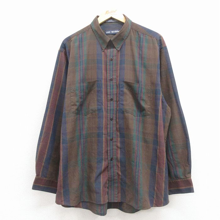XL★古着 バンヒューセン 長袖 シャツ メンズ 90年代 90s ボタンダウン 茶他 チェック 26jan22