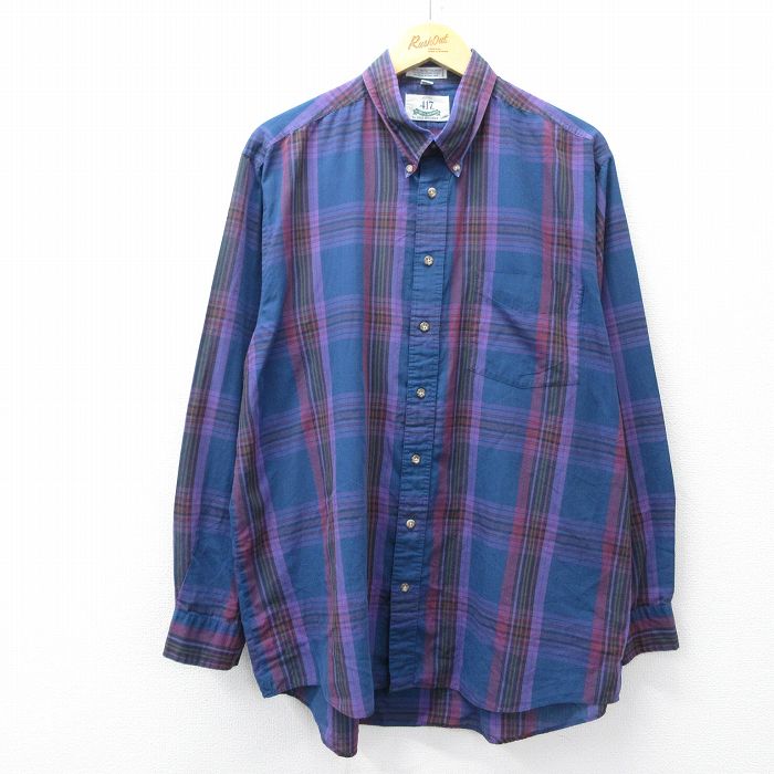 XL★古着 バンヒューセン 長袖 シャツ メンズ 90年代 90s ロング丈 ボタンダウン 紺他 チェック 26jan28