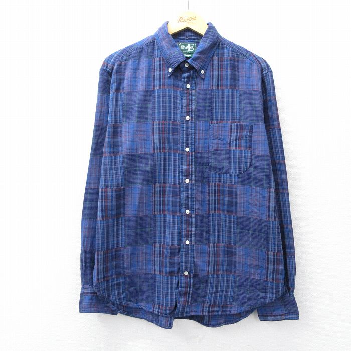 XL★古着 長袖 シャツ メンズ 90年代 90s パッチワーク ボタンダウン USA製 紺他 チェック【spe】 26jan28
