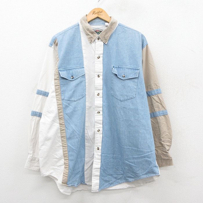 XL★古着 長袖 シャツ メンズ 00年代 00s マルチカラー 大きいサイズ ロング丈 コットン ボタンダウン 薄紺他【spe】 26jan29