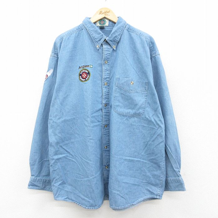 XL★古着 長袖 シャツ メンズ アリゾナ 大きいサイズ ロング丈 コットン ボタンダウン 薄紺 デニム【spe】 26jan29