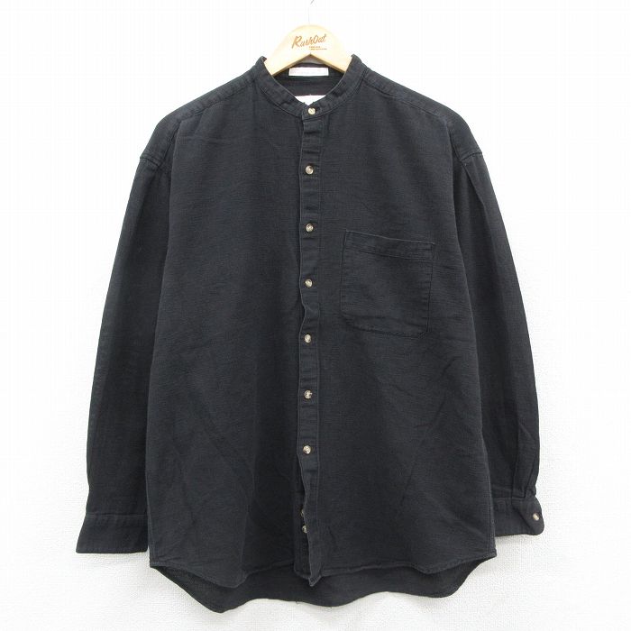 XL★古着 ペリーエリス 長袖 シャツ メンズ 90年代 90s コットン ノーカラー 黒【spe】 26jan30