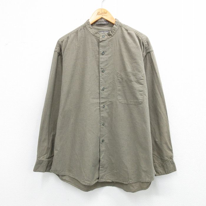 XL★古着 バンヒューセン 長袖 シャツ メンズ 90年代 90s 大きいサイズ コットン ノーカラー 薄緑 26jan31