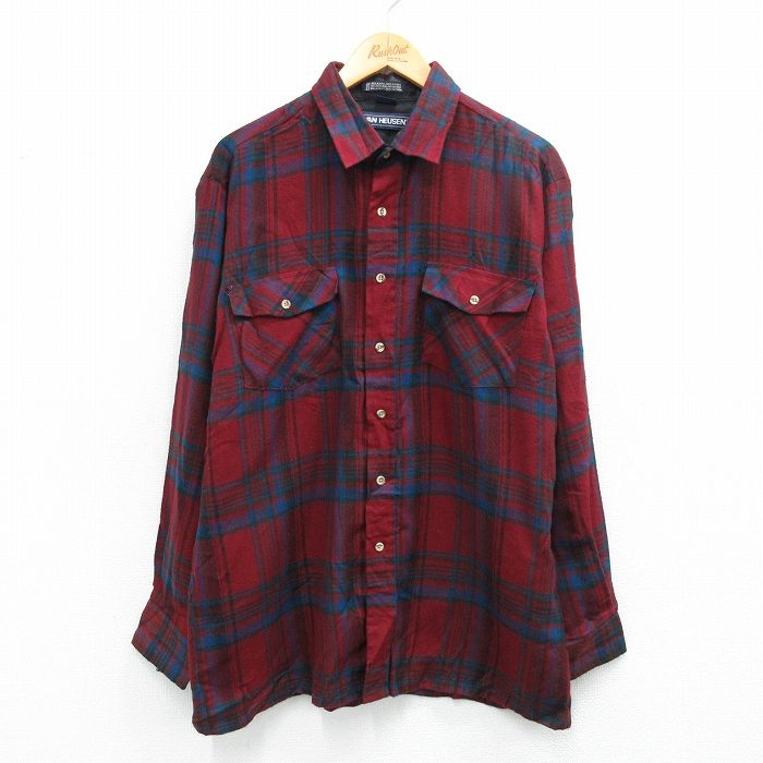 XL★古着 バンヒューセン 長袖 シャツ メンズ 90年代 90s エンジ他 チェック 26jan31