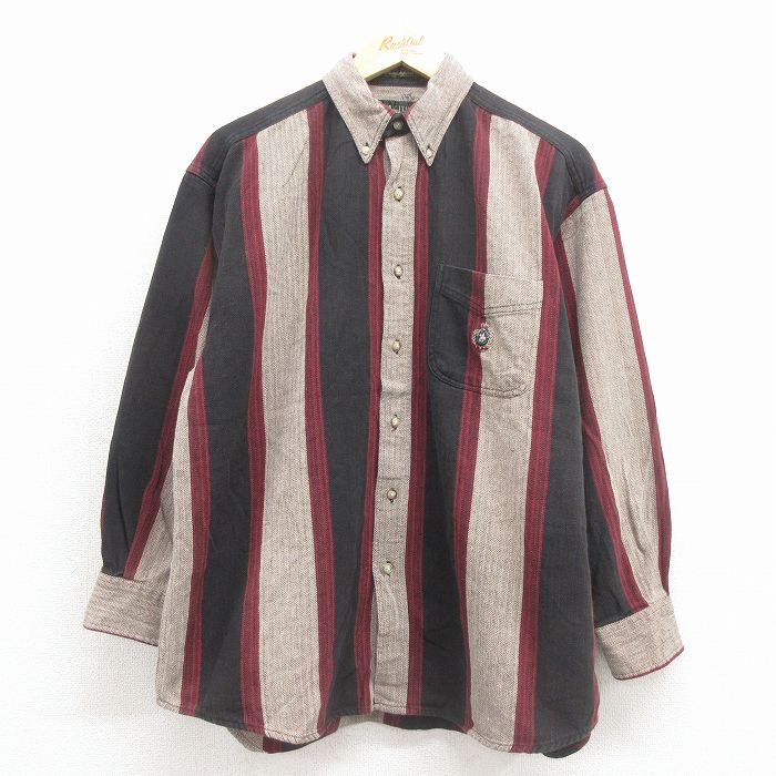 XL★古着 長袖 シャツ メンズ 90年代 90s ワンポイントロゴ 大きいサイズ コットン ボタンダウン エンジ他 ストライプ 26jan31