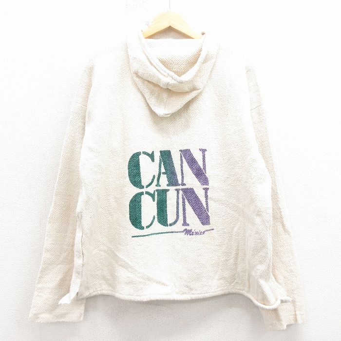 XL★古着 長袖 メキシカン パーカー メンズ 90年代 90s カンクン コットン メキシコ製 生成り 26jan31