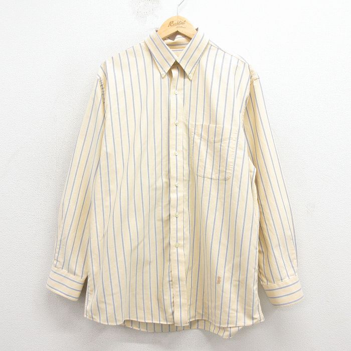 XL★古着 JOS A BANK 長袖 シャツ メンズ ロング丈 コットン ボタンダウン 薄ベージュ ストライプ 26jan31
