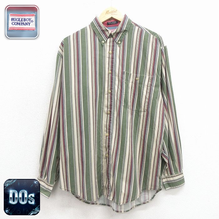 【50%OFF】ビューグルボーイ 00s 長袖シャツ ストライプ グリーン L | 古着