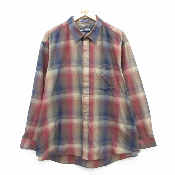 XL★古着 バンヒューセン 長袖 シャツ メンズ 90年代 90s 大きいサイズ 紺系他 チェック 26feb05