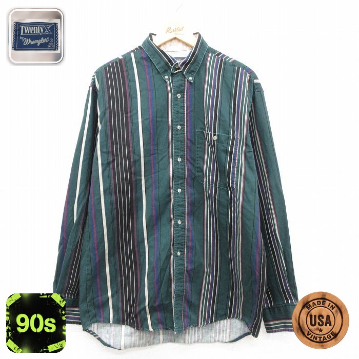 【50%OFF】ラングラー 90s 長袖シャツ グリーンストライプ XL | 古着