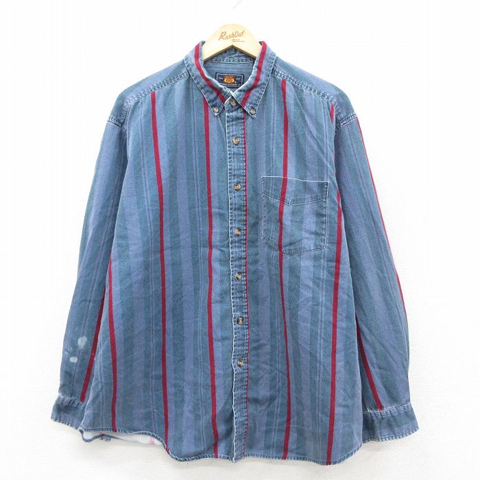 XL★古着 ルート66 長袖 シャツ メンズ 00年代 00s 大きいサイズ ロング丈 コットン ボタンダウン 紺系他 ストライプ 26feb09
