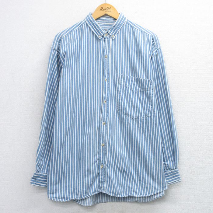 XL★古着 長袖 シャツ メンズ 90年代 90s コットン ボタンダウン 薄紺他 ストライプ 26feb10
