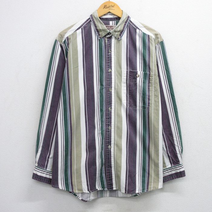 XL★古着 ラングラー 長袖 シャツ メンズ ボタンダウン 白他 ストライプ【spe】 26feb10