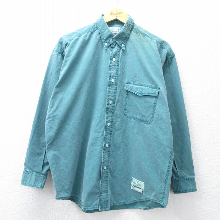 XL★古着 長袖 シャツ メンズ コットン ボタンダウン 緑 26feb10