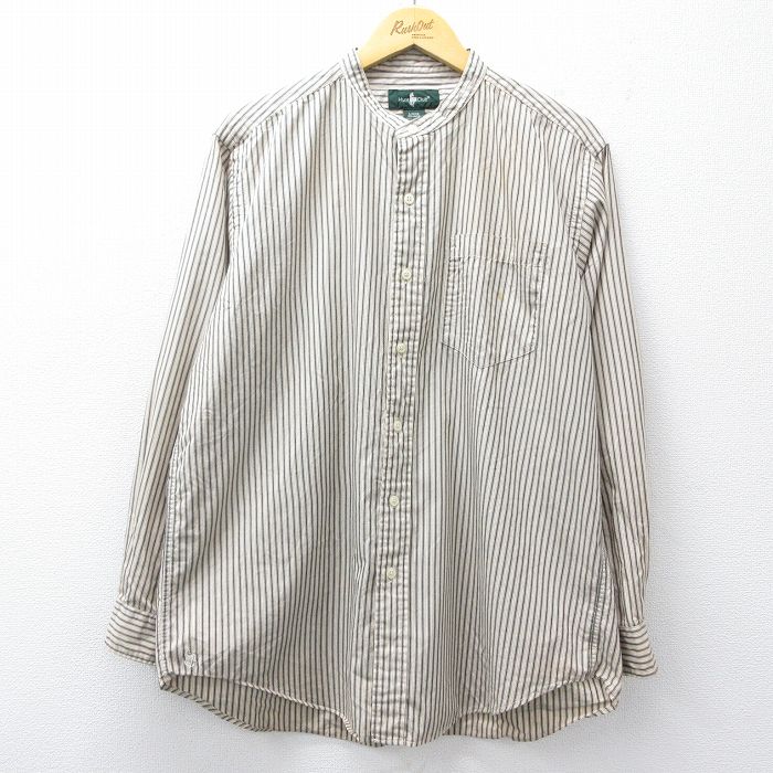 XL★古着 長袖 シャツ メンズ 90年代 90s 大きいサイズ コットン ノーカラー ベージュ他 ストライプ 26feb10