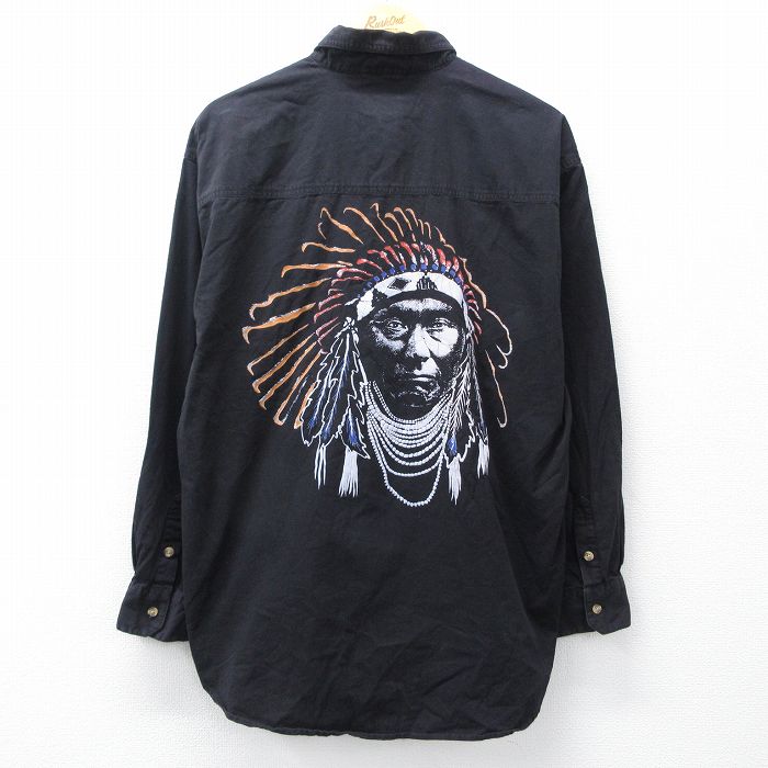XL★古着 長袖 シャツ メンズ インディアン コットン ボタンダウン 黒【spe】 26feb10