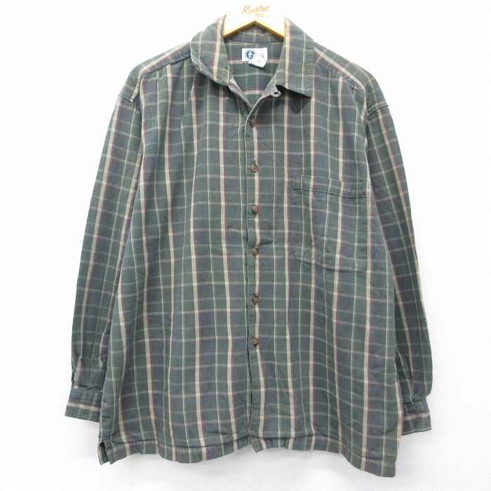 XL★古着 アリゾナ 長袖 シャツ メンズ 00年代 00s 大きいサイズ コットン 開襟 オープンカラー 緑系他 チェック 26feb12