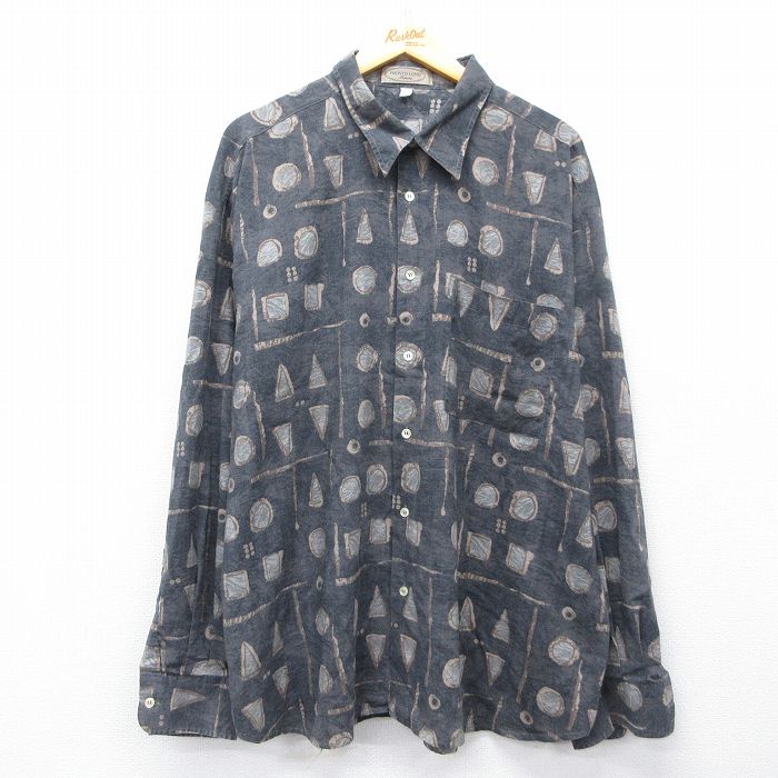 XL★古着 長袖 シャツ メンズ 90年代 90s 総柄 大きいサイズ ロング丈 コットン イタリア製 濃グレー他【spe】 26feb12