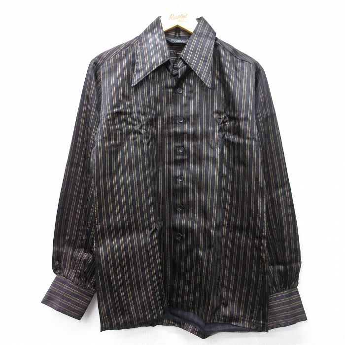 M★古着 キャンパス 長袖 シャツ メンズ 80年代 80s レーヨン 黒他 ストライプ【spe】 26feb12