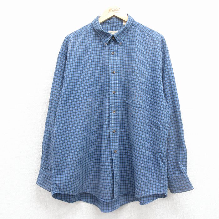 XL★古着 セントジョンズベイ 長袖 シャツ メンズ 00年代 00s 大きいサイズ コットン ボタンダウン 薄紺 チェック 26feb14