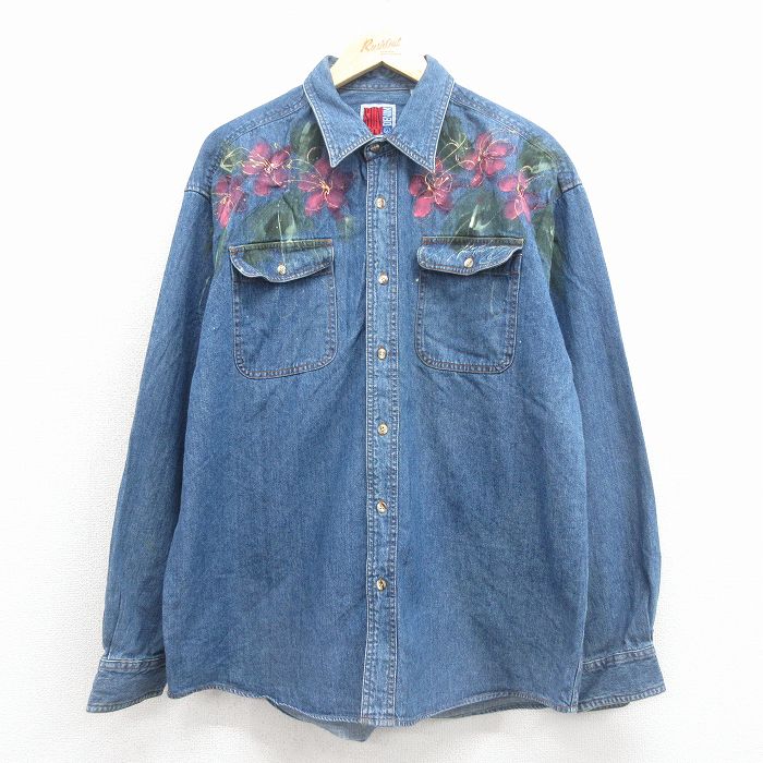 XL★古着 長袖 シャツ メンズ 00年代 00s 花 ハンドペイント コットン 紺 デニム【spe】 26feb14