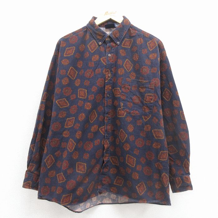 XL★古着 長袖 シャツ メンズ 90年代 90s 花柄 コットン ボタンダウン USA製 紺 26feb14