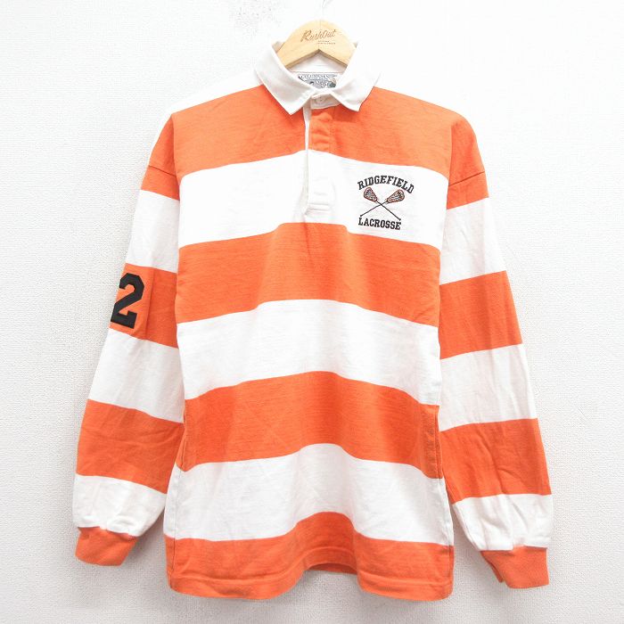 S★古着 長袖 ラガー シャツ メンズ 90年代 90s ラクロス コットン USA製 オレンジ他 ボーダー 26feb14