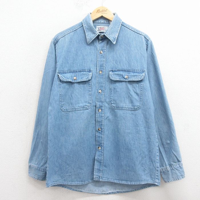 L★古着 長袖 シャツ メンズ 80年代 80s コットン USA製 紺 デニム【spe】 26feb14