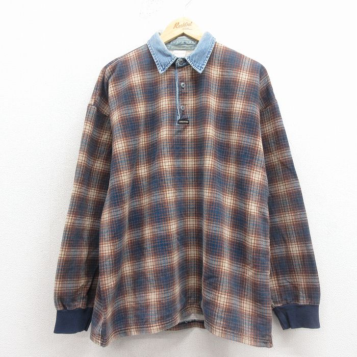 XL★古着 STRUCURE 長袖 ポロ シャツ メンズ コットン USA製 茶他 チェック 26feb16