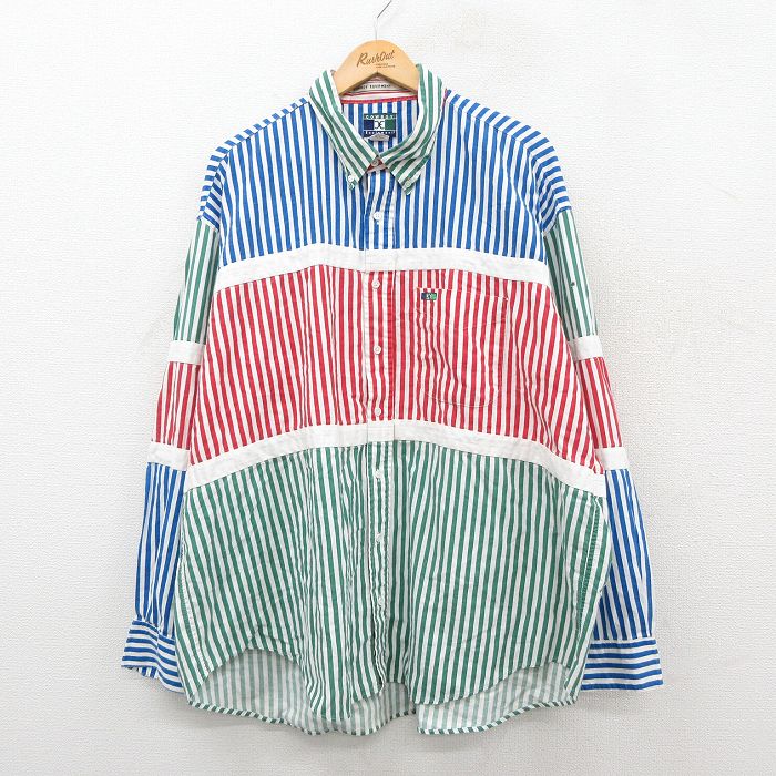 XL★古着 長袖 シャツ メンズ 90年代 90s 大きいサイズ ロング丈 マルチカラー コットン ボタンダウン 緑他 ストライプ【spe】 26feb17