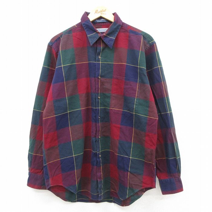 XL★古着 長袖 シャツ メンズ 80年代 80s コットン USA製 エンジ他 チェック 26feb17